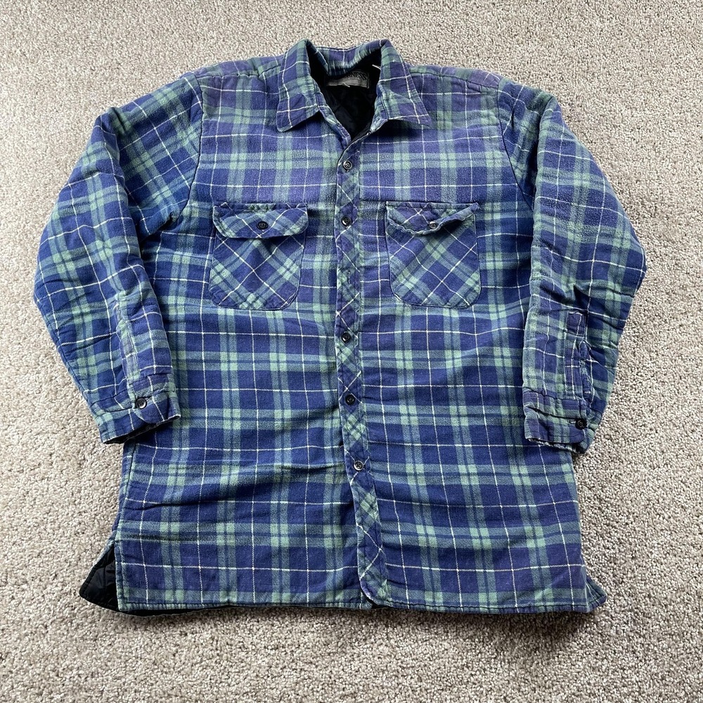 Vintage 90s Wilderness Shirt Jacket Mens Large Blue Plaid Quilted Lined Flannel